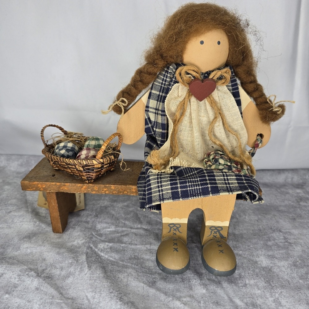 Lizzie High Friends & Family - Gretchen High on a Bench - Wooden Doll With Yarn